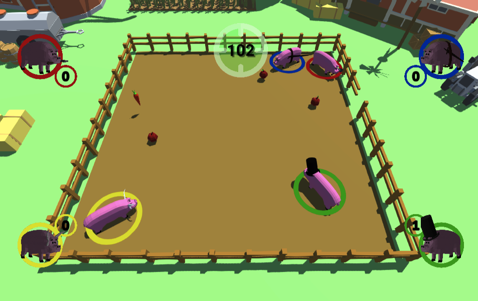 Four pigs collide in the farm arena